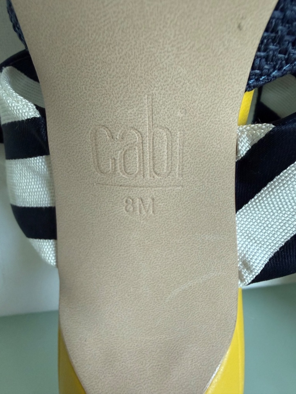 CAbi Style 6022 Bow Kitten Heels Blue Stripe Bow Yellow Heel Size 8 EUC w/Box - Picture 10 of 12